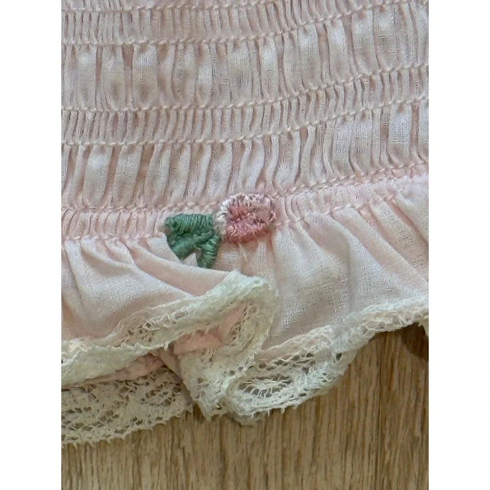 Vintage 1960s Pink Smocked Lace Trim Floral Baby Bonnet